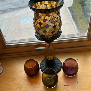 Party lite Vintage glass mosaic holder with hurricane votive holder +3 votives